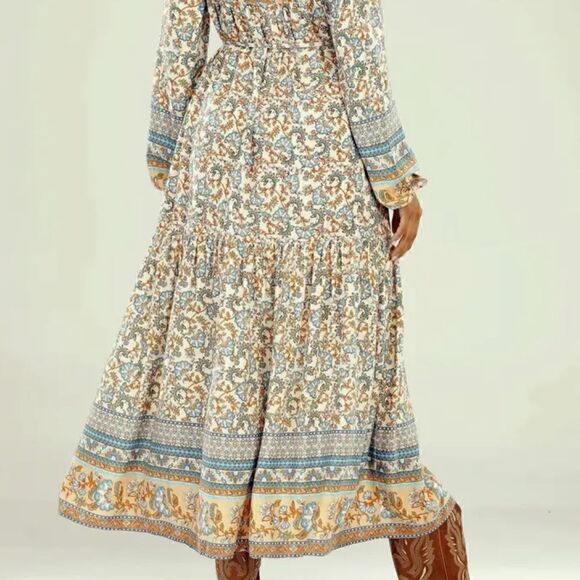 NWT! Gorgeous Boho Long Sleeve Midi Dress Ruffled Floral Tie Waist and Neck - Picture 6 of 7